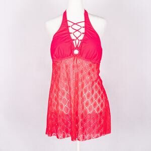 Hot Pink Baby Doll Strappy Lace Top LARGE Colorful Beach Open Knit Swim Clubwear